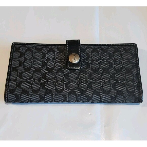 COACH Signature Jacquard Black Bifold Wallet Leather Trim Checkbook Card Flat - Picture 1 of 11